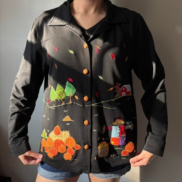Tops - Vintage Grunge Black Embroidered Scarecrow Retro Pumpkin Fall Shirt - Medium